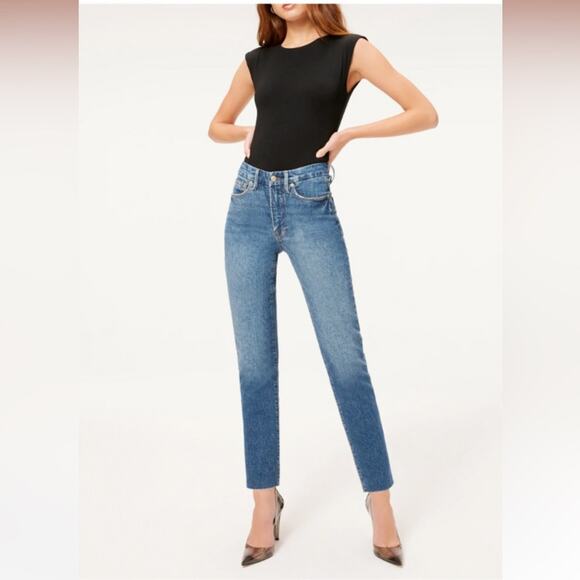 GOOD AMERICAN Good Classic Raw Hem Jeans Straight High Rise Blue940 Size 29 NEW - Picture 5 of 15